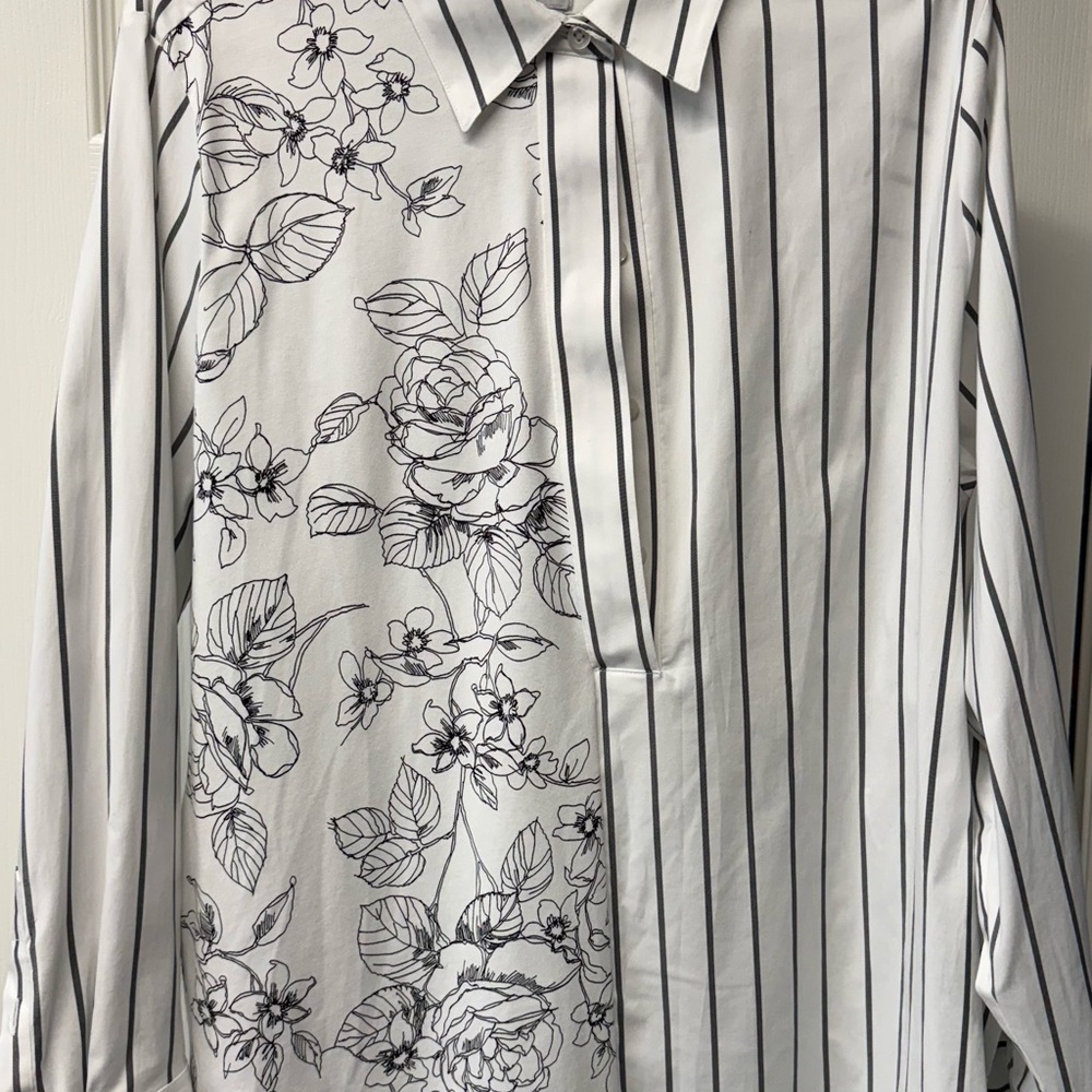 Chico's Black and White Floral Striped Shirt